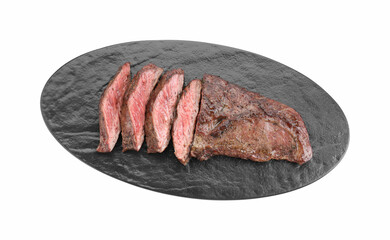 Pieces of delicious grilled beef meat isolated on white, top view