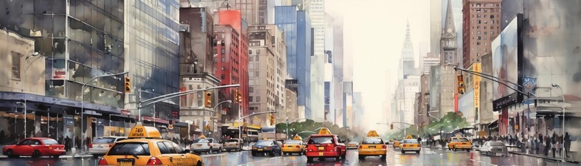 New York City street scene with yellow taxis, watercolor painting.