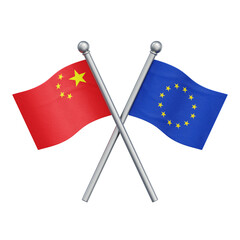 Crossed flags of China and the European Union isolated on transparent background. 3D rendering