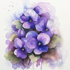 A watercolor painting of purple pansies.