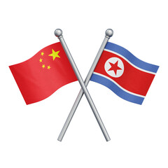 Crossed flags of China and North Korea isolated on transparent background. 3D rendering