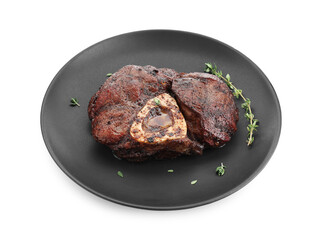 Delicious grilled beef meat with thyme isolated on white