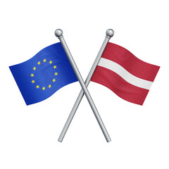Crossed flags of the European Union and Latvia isolated on transparent background. 3D rendering