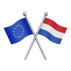Crossed flags of the European Union and the Netherlands isolated on transparent background. 3D rendering