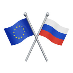 Crossed flags of the European Union and Russia isolated on transparent background. 3D rendering