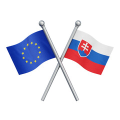 Crossed flags of the European Union and Slovakia isolated on transparent background. 3D rendering