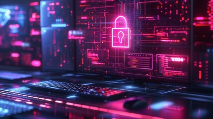 Obraz premium Intricate Digital Circuit with a Glowing Lock of Secrecy, Cryptographic Core. Internet cyber security concept