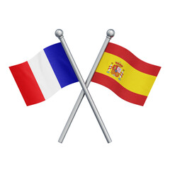 Crossed flags of France and Spain isolated on transparent background. 3D rendering