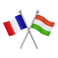 Crossed flags of France and Hungary isolated on transparent background. 3D rendering