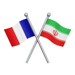 Crossed flags of France and Iran isolated on transparent background. 3D rendering