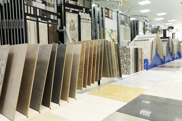 Assortment of tiles in store. Many different samples indoors