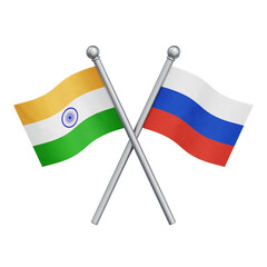 Crossed flags of India and Russia isolated on transparent background. 3D rendering