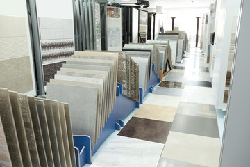 Assortment of tiles in store. Many different samples indoors