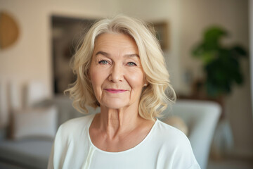 Portrait of a graceful senior woman with a gentle smile, exuding confidence and contentment, photographed in a bright, well-appointed living room with soft natural light caressing her features
