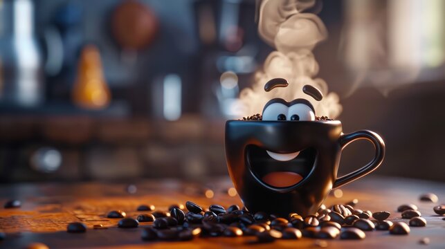 Adorable java joy: 3d cute cartoon happy coffee bean character with steam - bringing a smile with a delightful of a cheerful coffee bean, emanating steam from a brimming cup