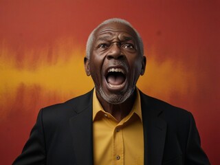 African american elder man with grey hair yelling, red background in studio shot