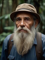 Elder forest Ranger with long beard portrait in Woods