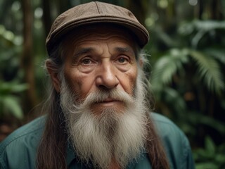 Elder forest Ranger with long beard portrait in Woods