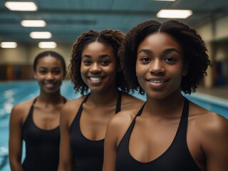 Group of professional african american swimmer women portrait in indoor olympic pool
