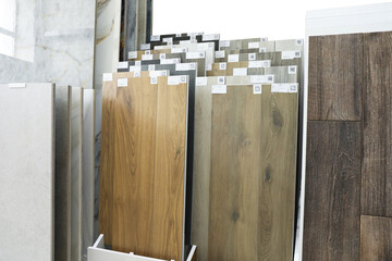 Assortment of tiles in store. Many different samples indoors