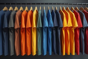 Photo of t-shirts hanging on wooden hangers in front of a white wall, showcasing the variety and color range for different styles of . The shirt is flat with no wrinkles or creases