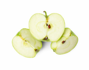 Pieces of ripe green apple isolated on white, top view