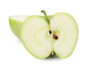 Halves of ripe green apple on white background