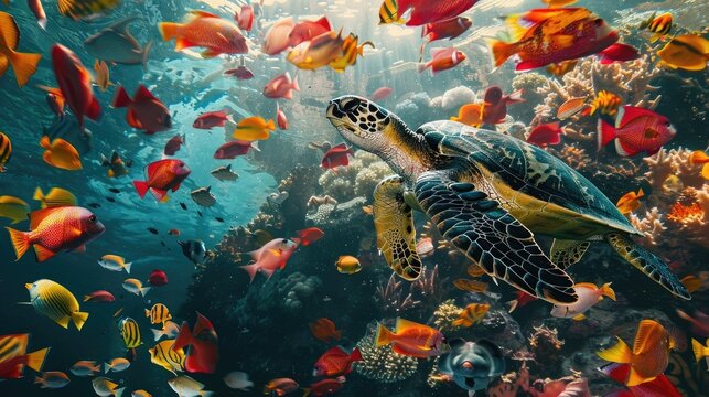 A vibrant image of a turtle swimming through a school of tropical fish, with the vibrant colors and patterns creating a mesmerizing underwater scene on World Turtle Day.
