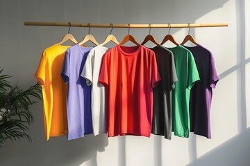 Photo of t-shirts hanging on wooden hangers in front of a white wall, showcasing the variety and color range for different styles of . The shirt is flat with no wrinkles or creases