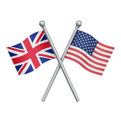 Crossed flags of the United Kingdom and the USA isolated on transparent background. 3D rendering