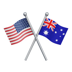 Crossed flags of the United States and Australia isolated on transparent background. 3D rendering