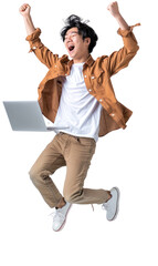 Young man jump and float on air happy with laptop