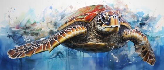 A beautiful watercolor painting of a sea turtle swimming in the ocean