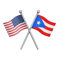 Crossed flags of the United States and Puerto Rico isolated on transparent background. 3D rendering