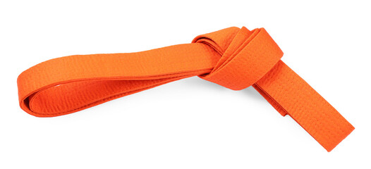 Orange karate belt isolated on white, top view. Martial arts uniform