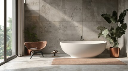 Photography of stylish minimalistic interior design with natural stone, grey color, copper accents.