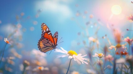 Butterfly on a branch with flowers. Beautiful Spring or summer nature background