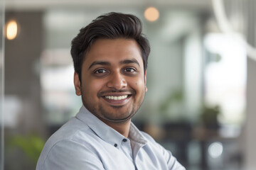 Obraz premium Portrait of a cheerful young businessman with a genuine smile, posing confidently in a modern office environment, showcasing professionalism and approachability with a blurred background