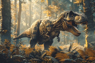 A professional photo depicts the Tyrannosaurus Rex dinosaur in its natural habitat, roaming majestically through a prehistoric jungle filled with ancient ferns and towering trees.