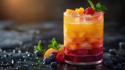 refreshing summer fruit cocktail on dark background with water droplets