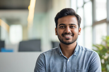 Fototapeta premium Cheerful young man with a friendly smile wearing a casual denim shirt posing in a bright, contemporary office setting, exuding confidence and approachability
