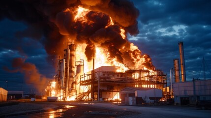 An intense fire engulfs an industrial plant at night, emitting thick, dark smoke against a dramatic sky, capturing a moment of disaster and emergency response.