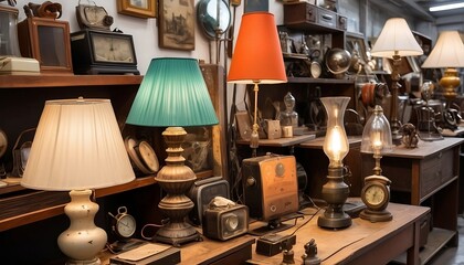 vintage old shop secondhand furniture street second hand item store flea market outlet retailer sale offer business product object assortment lamp stylish fashioned design decoration generative ai