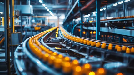 Naklejka premium A vibrant detailed shot of a high-speed bottle production line in a modern factory, featuring a conveyor belt with orange lighting, perfect for depicting industrial efficiency.