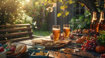 An enchanting image of a beer garden table set with snacks and pints, ready for a convivial gathering to mark Beer Day Britain. - obrazy, fototapety, plakaty