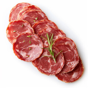 Smoked cured sausage slices on white background