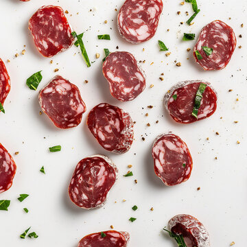 Smoked cured sausage slices on white background