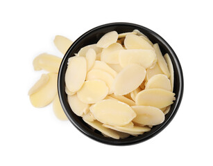 Fresh almond flakes in bowl isolated on white, top view