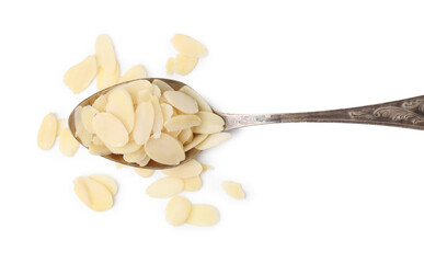 Fresh almond flakes and spoon isolated on white, top view