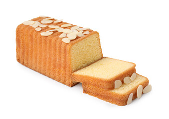 Cake with fresh almond flakes isolated on white